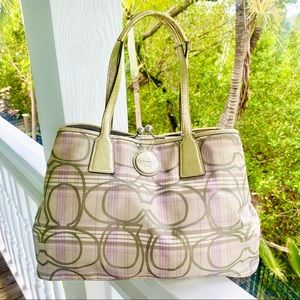 Coach Carryall Tartan Plaid Signature Logo W/Leather Trim Tote